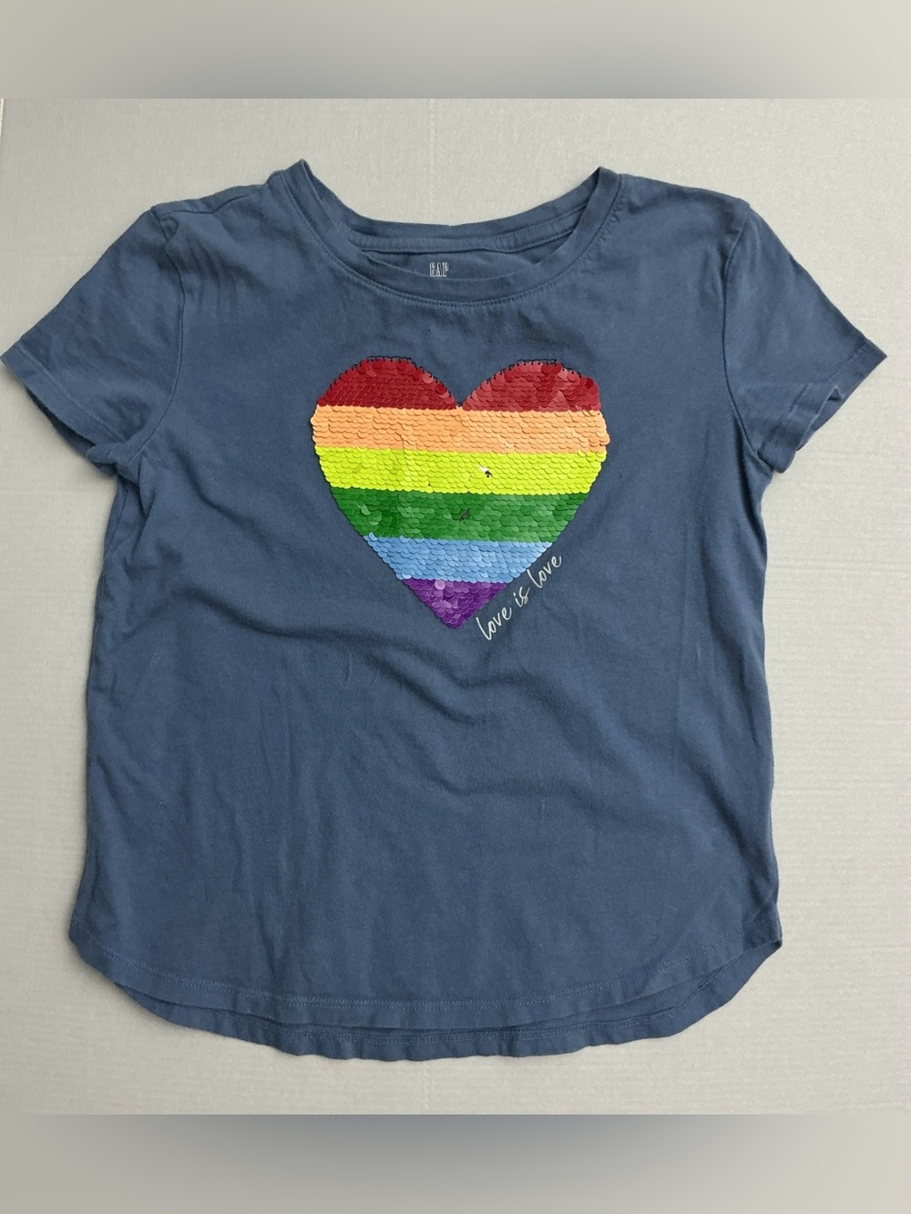 Gap Kids  “Love Is Love"  Rainbow Sequined Heart 	shirt Sz Small youth